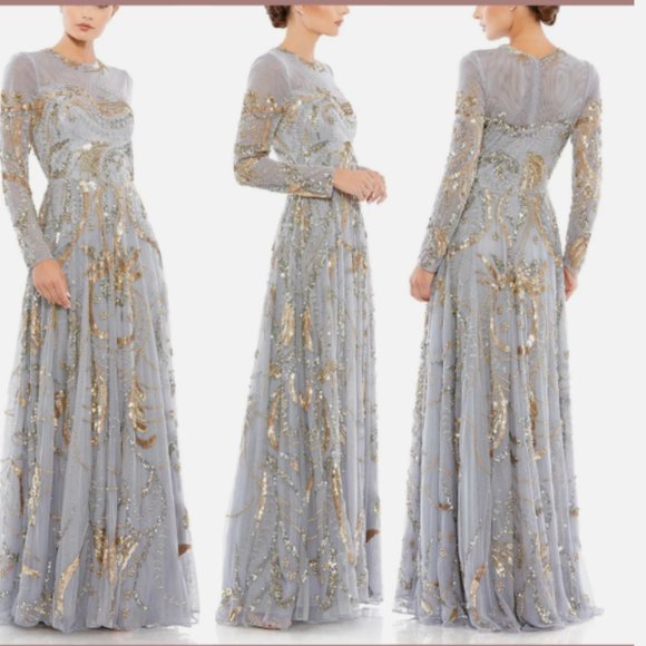 MAC DUGGAL 5217 LONG SLEEVE EMBELLISHED ILLUSIONS PLATINUM/ GOLD GOWN sz 6 - Picture 4 of 4